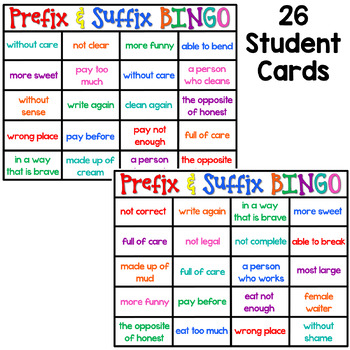 suffix prefix bingo teacherspayteachers