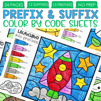 Preview of Prefix and Suffix Worksheets Color By Code Printables Root Words Color By Number