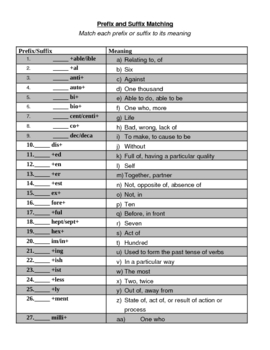 Prefix and Suffix matching worksheet by jcferguson | TpT