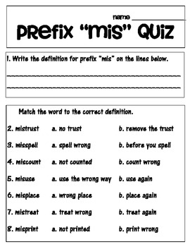 Prefix 'mis' hands on matching, worksheets and quiz! by Vanessa Crown
