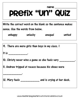 Prefix quizzes and test- dis, mis, pre, re, un by Vanessa Crown | TpT