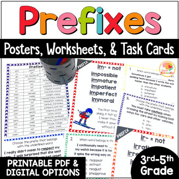 Preview of Prefixes Activities: Prefix Posters, Task Cards, and Worksheets