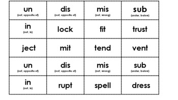 Preview of Prefixes Memory Game- un, mis, dis, in, sub (Closed Syllables)
