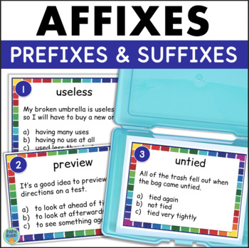 Preview of Prefixes and Suffixes Reading Task Cards ELA Grammar Vocabulary Test Prep Scoot