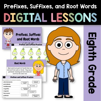 Preview of Prefixes & Suffixes 8th Grade Interactive Google Slides | Daily Grammar Practice