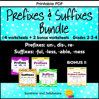 Preview of Prefixes & Suffixes - BUNDLE - 14 worksheets + Bonus! - Grades 2-4 - CCS