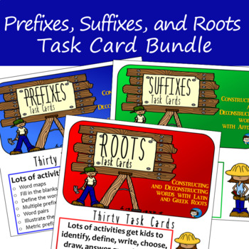 Preview of Prefixes, Suffixes, and Roots Task Card Bundle - Print and Easel Versions