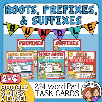 Preview of Prefixes, Suffixes, and Roots Task Card Bundle Print or Use with Easel & Google!