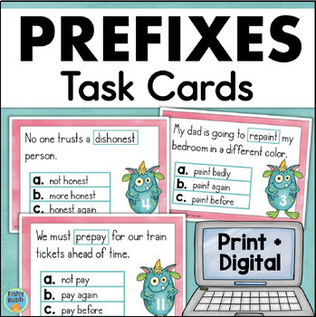 Preview of Prefix Practice Prefixes re pre mis un & dis Task Cards 2nd Grade Word Meaning