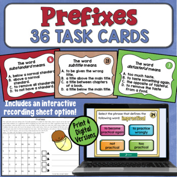 Preview of Prefixes Task Cards: Review and Practice for 4th, 5th, & 6th Grades Test Prep