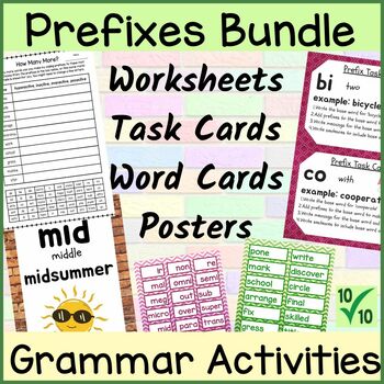 Preview of Prefixes Worksheets Word Cards Task Cards and Poster Anchor Charts Value Bundle