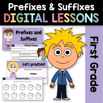 Preview of Prefixes and Suffixes 1st Grade Interactive Google Slides | Grammar Practice