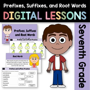 Preview of Prefixes and Suffixes 7th Grade Interactive Google Slides | Grammar Practice