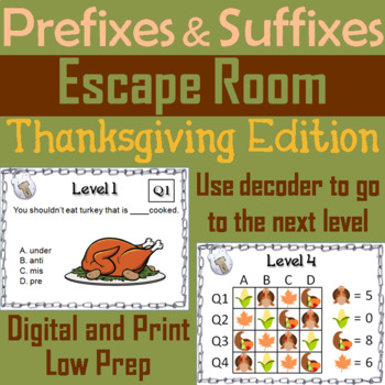 Preview of Prefixes and Suffixes Activity: Thanksgiving Escape Room ELA