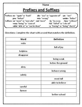 Root Words, Prefixes and Suffixes Worksheets Prefixes and Suffixes