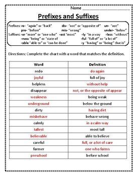 Root Words, Prefixes and Suffixes Worksheets Prefixes and Suffixes