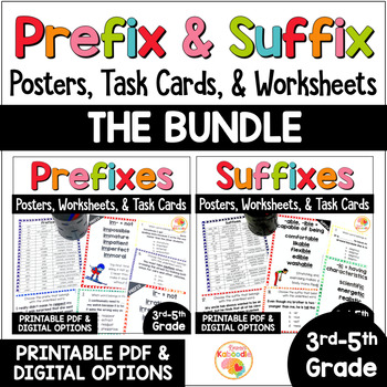 Preview of Prefixes and Suffixes Root Words Posters, Task Cards, & Worksheets Activity