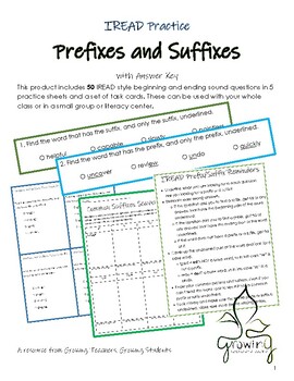 Preview of Prefixes and Suffixes IREAD Third Grade Worksheets and Task Cards