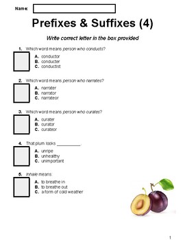 Preview of Prefixes and Suffixes Multiple Choice Questions Worksheet 4 (Grade 1-2)