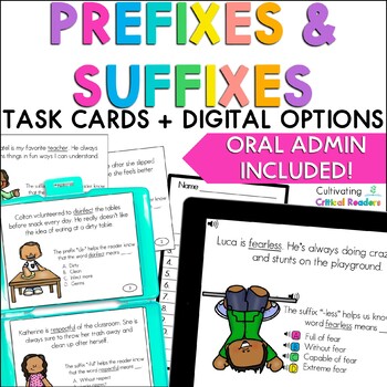 Preview of Prefixes and Suffixes Task Cards - Print and Digital with Audio Support