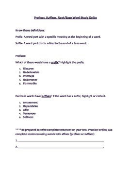 Preview of Prefixes and Suffixes with Parts of Speech UPDATED