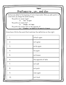 Prefixes Re Un Dis Worksheets