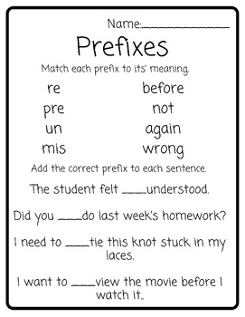 Preview of Prefixes worksheet