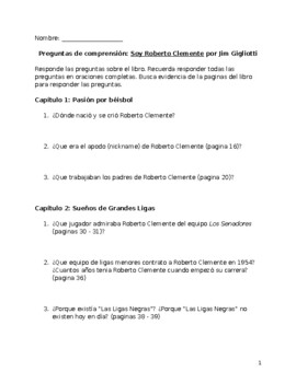 Preview of Preguntas de comprensión: Soy Roberto Clemente por Jim Gigliotti