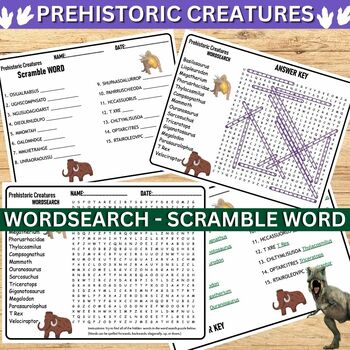 Preview of Prehistoric Creatures Wordsearch and Word Scramble Worksheets