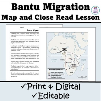 Preview of Prehistory: Bantu Migration Map and Close Read Lesson, with Homework - Editable