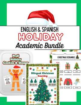 Preview of Prek-3rd Grade English & Spanish Christmas: Math, Grammar, Reading, 50 pages