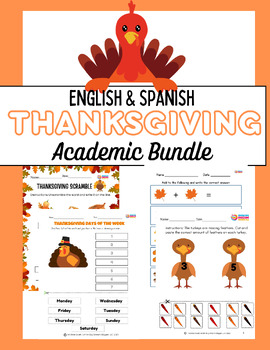 Preview of Prek-3rd Grade English & Spanish Thanksgiving: Math, Grammar, Reading, 50 pages