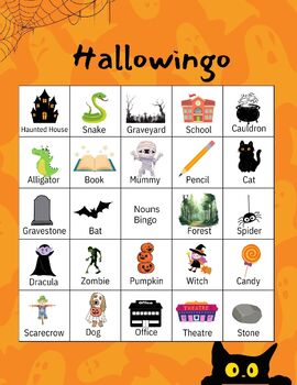 Preview of Prek- 5th English & Spanish Hallowing Bingo Grammar Adjectives, Nouns, Verbs