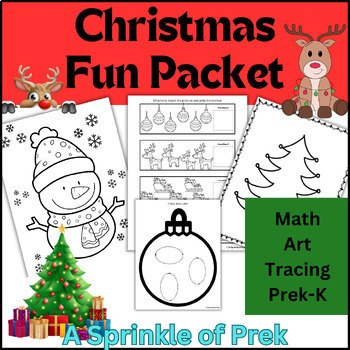 Preview of Prek-K Christmas Coloring, Math, Counting, Christmas Tree Art, Shape Tracing