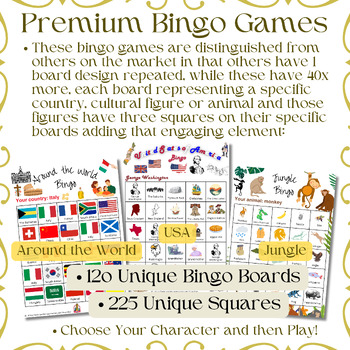 Preview of Premium Bingo Games - Around the World, USA and Jungle - 225 Unique Squares