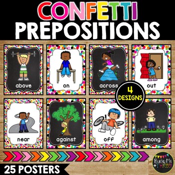 Preview of Preposition Posters and Signs CONFETTI and Chalkboard Classroom Decor