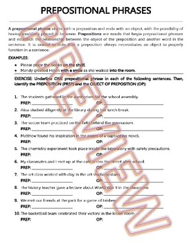 Preview of Prepositional Phrases: Adverb & Adjective Phrase. High School ELA Worksheets PDF