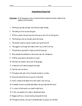 Preview of Prepositional Phrases Assessment/Test with Detailed Answer Key