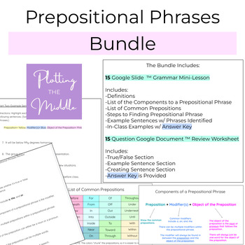 Preview of Prepositional Phrases Bundle Mini-Lesson and Worksheet (6th, 7th, and 8th Grade)