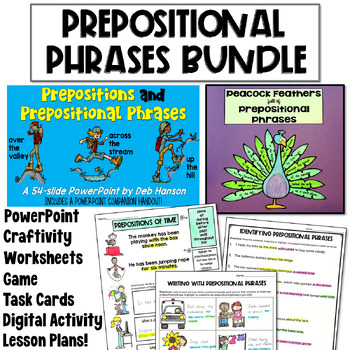 Preview of Prepositional Phrases Bundle of Activities: Worksheets, Task Cards, PowerPoint