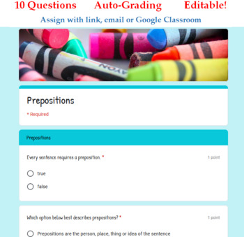 Preview of Prepositional Phrases Quiz - Google Forms™ / Google Classroom™ Distance Learning