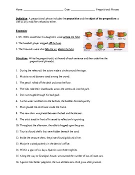 Preview of Prepositional Phrases: Worksheet, Test, or Homework with Detailed Answer Key