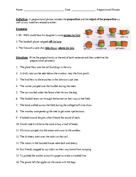 Preview of Prepositional Phrases Review Worksheet or Homework with Detailed Answer Key