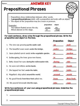 Prepositional Phrases - Grammar Practice Pages by Polliwog Place