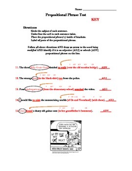 Prepositional Phrases Test with Answer Key by inspirEd Classroom