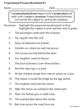 Preview of Prepositional Phrase Worksheet