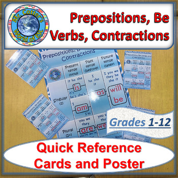 Preview of Prepositions, Be Verbs, and Contractions Quick Reference Cards and Poster