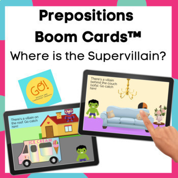 Preview of Prepositions Boom Cards™ - Where Is the Supervillain? | Online Speech Therapy