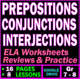 Prepositions, Conjunctions, Interjections. Grammar workshe