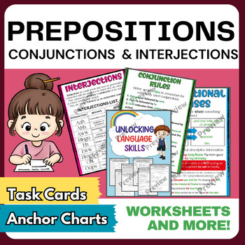 Preview of Prepositions, Conjunctions, Interjections: Parts of Speech Worksheets and More!
